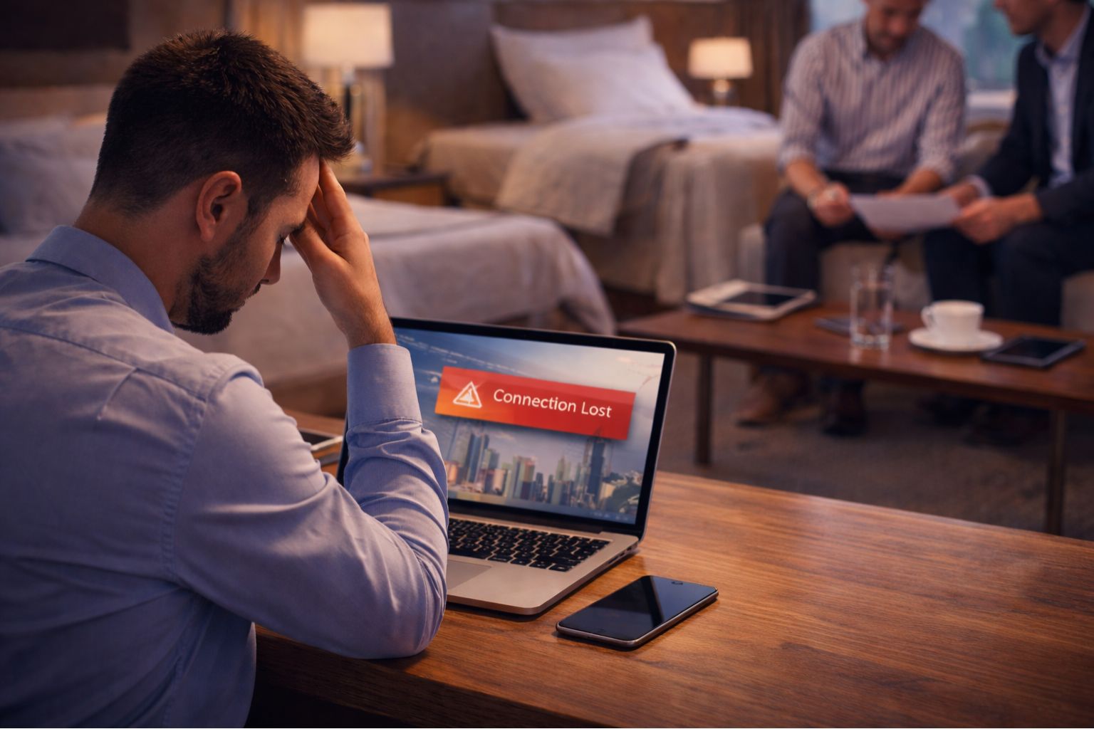 frustrated business traveler facing unstable hotel wifi during an important video call frustrated business traveler facing unstable hotel wifi during an important video call